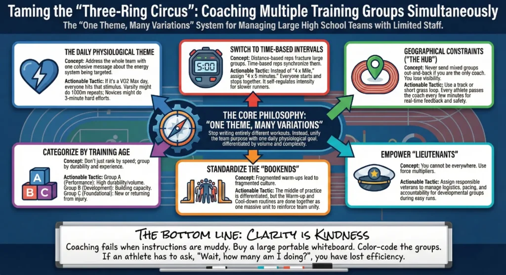 Infographic titled 'Taming the "Three-Ring Circus": Coaching Multiple Training Groups Simultaneously' with the subtitle 'The "One Theme, Many Variations" System for Managing Large High School Teams with Limited Staff.