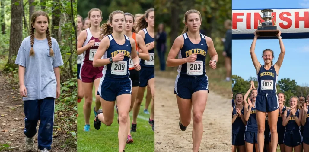 A four-panel photographic collage showing the long-term development of a female cross country runner. From left to right: a young girl walking on a trail, a developing runner competing in a pack, a strong upperclassman leading a race, and finally, standing atop a podium holding a championship trophy under a finish banner.