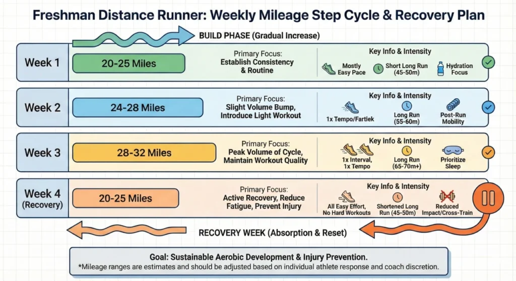 Weekly mileage step cycle chart for freshman distance runners showing recovery weeks