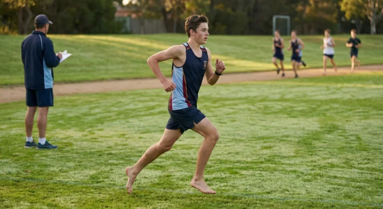 High school runner performing barefoot strides on grass to improve form and prevent injury.