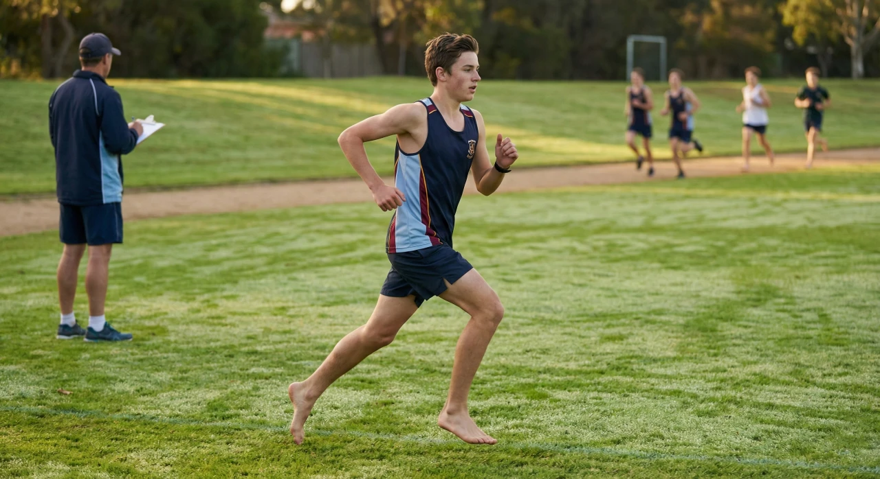 High school runner performing barefoot strides on grass to improve form and prevent injury.