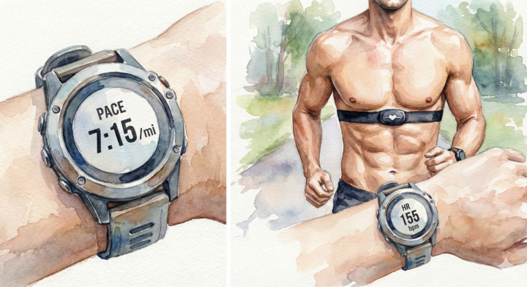 Running watch showing pace vs heart rate monitor chest strap.