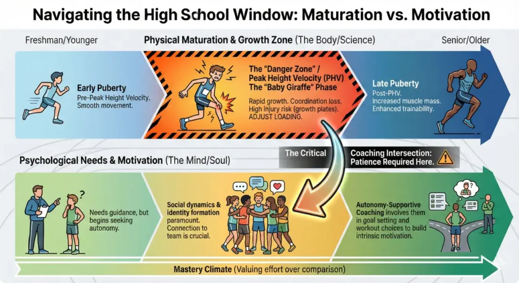 Infographic comparing physical maturation and psychological motivation timelines for adolescent runners. The top timeline highlights the "Danger Zone" of Peak Height Velocity (PHV) where injury risk increases. The bottom timeline emphasizes creating a "Mastery Climate" and using autonomy-supportive coaching. A large arrow connects the physical "Danger Zone" to the psychological need for coaching patience.