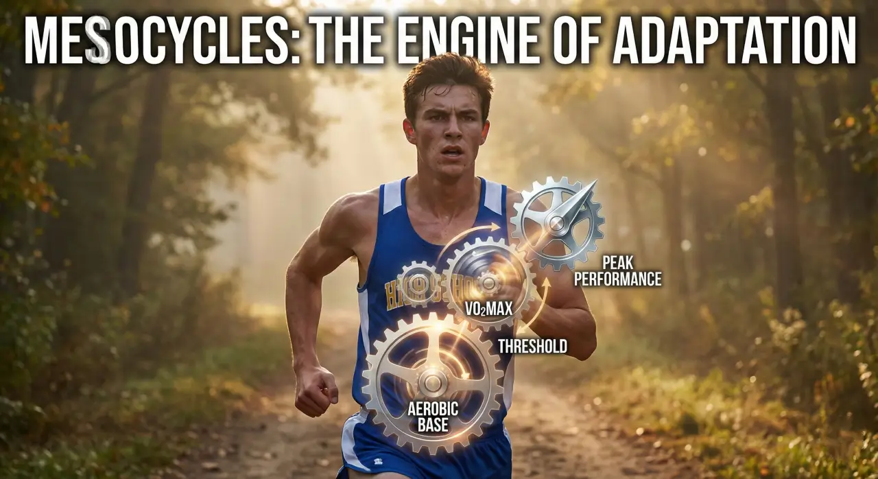A determined high school cross country runner mid-stride on a misty course, overlaid with glowing mechanical gears labeling training phases: Aerobic Base, Threshold, VO2 Max, and Peak Performance. Large text overlay reads: Mesocycles: The Engine of Adaptation.