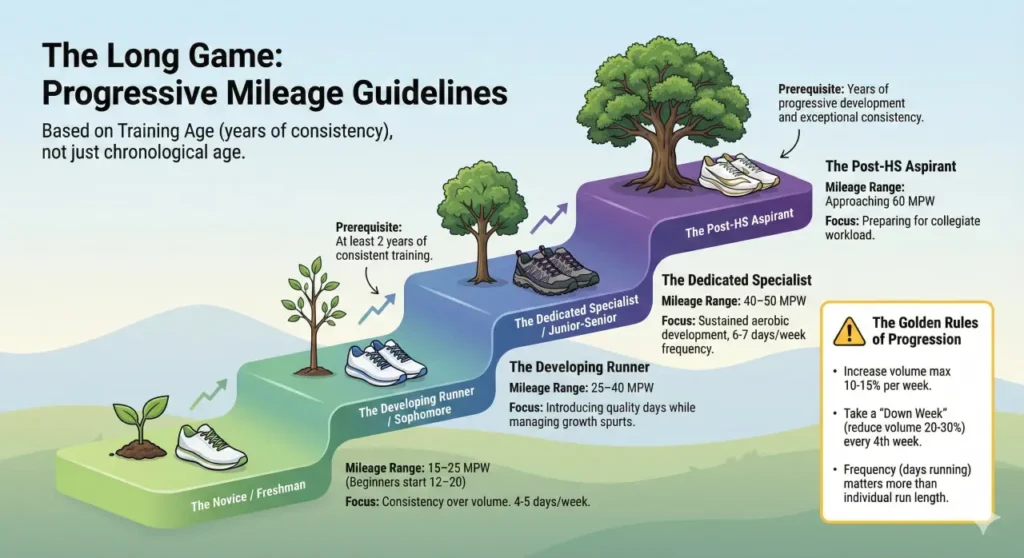 Infographic illustrating long-term mileage progression based on training age. Four ascending steps show guidelines: Novice/Freshman (15–25 MPW), Developing Runner/Sophomore (25–40 MPW), Dedicated Specialist (40–50 MPW), and Post-HS Aspirant (approaching 60 MPW). A sidebar lists "Golden Rules of Progression" including maximum 10-15% weekly increases and taking down weeks.