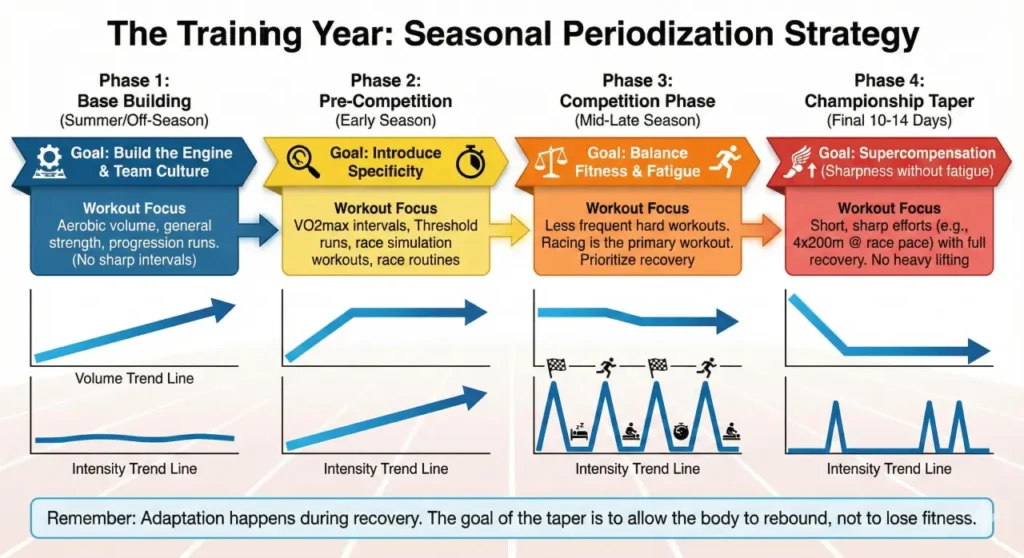 Infographic showing seasonal periodization for high school runners across four phases: Base Building, Pre-Competition, Competition Phase, and Championship Taper. Trend lines below show volume increasing then decreasing towards the championship, while intensity spikes during the competition phase and becomes sharp and infrequent during the taper.