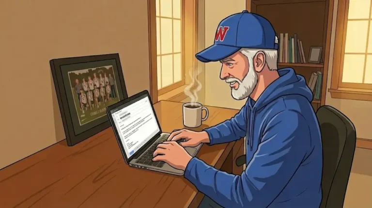 Coach typing weekly update email on laptop