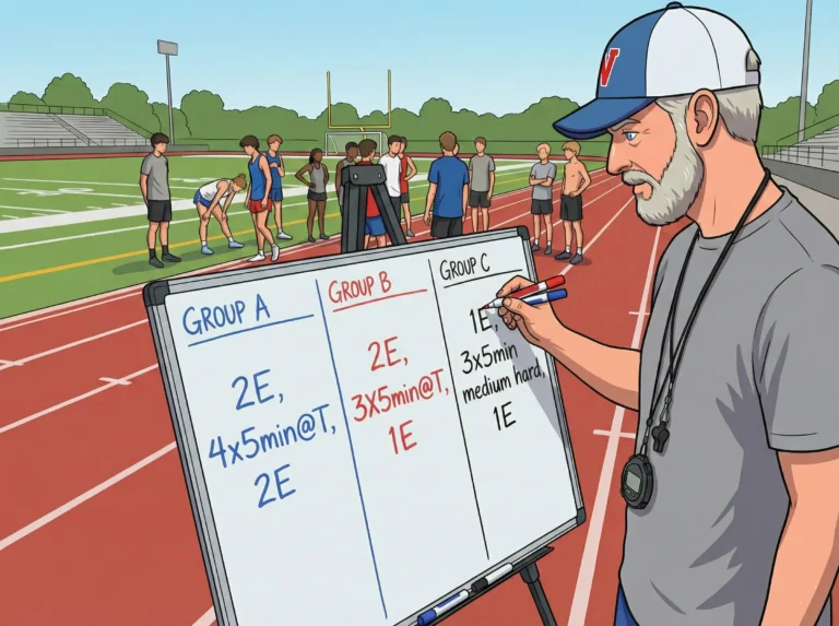 High school track coach writing a time-based threshold workout on a whiteboard, organizing athletes into three color-coded ability groups (Group A, B, and C).