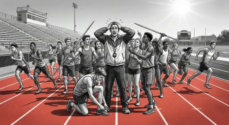 Coach surrounded by track athletes overwhelmed by chaos