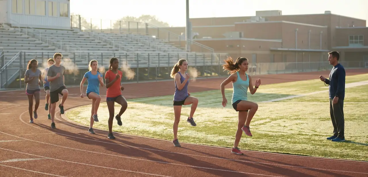 Freshman runners doing drills in the AM