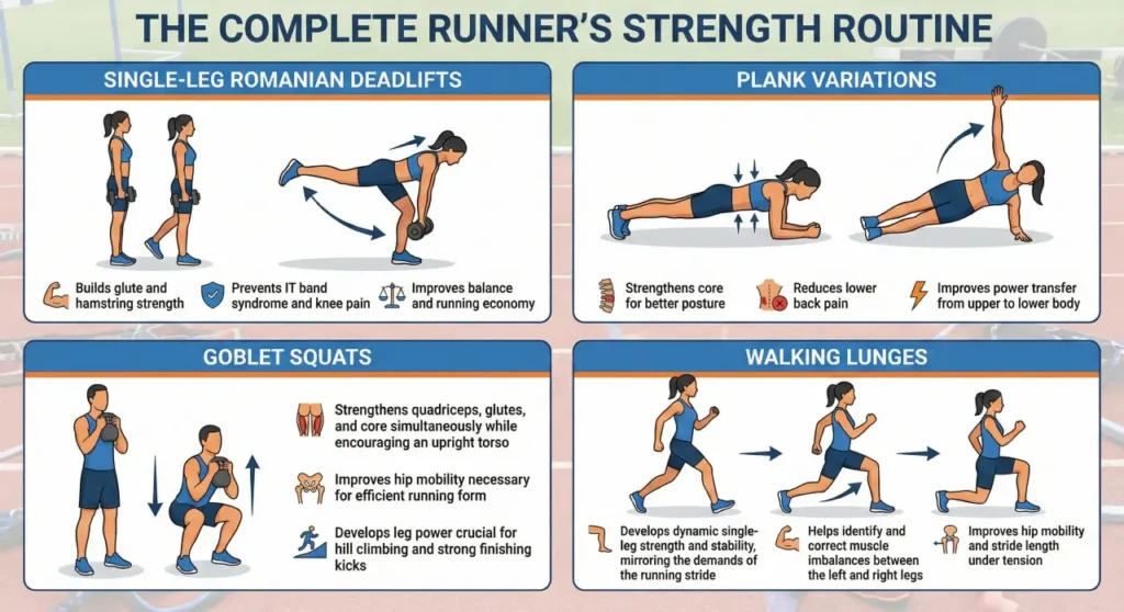 An infographic depicting the Complete strength Routine for Runners