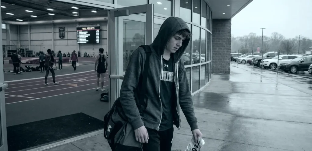 Athlete leaving indoor track meet tired and dissapointed