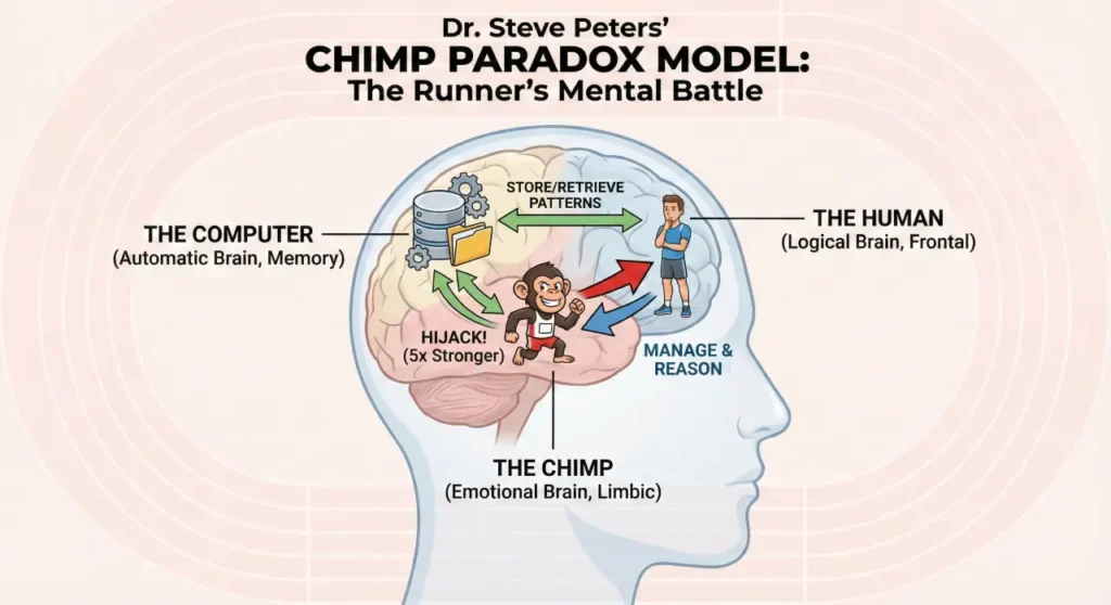 Diagram of Dr. Steve Peters' Chimp Paradox model showing the Chimp, Human, and Computer brains.