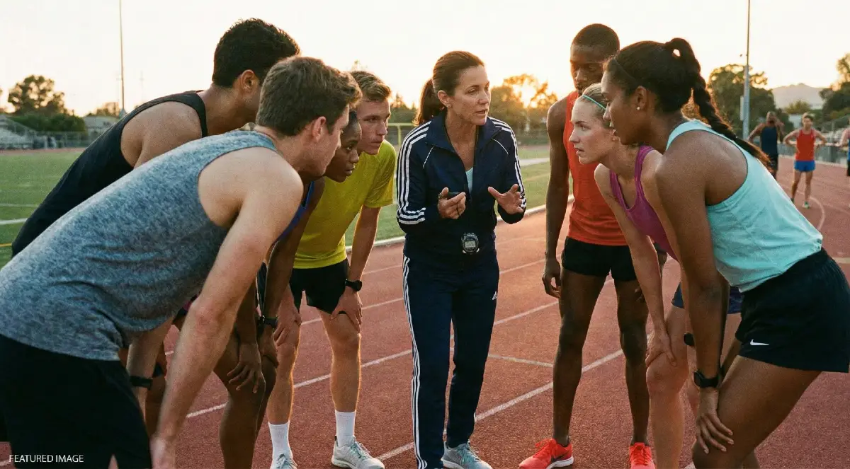 coach giving workout details to her team of runners