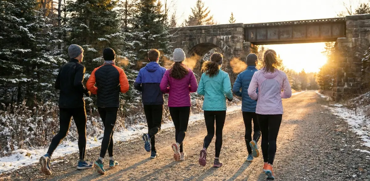 group of teenage runners working out on the rail trail - gravel running