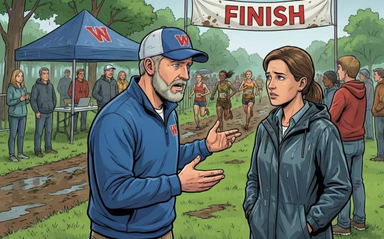 XC Coach talking to parent at finish line