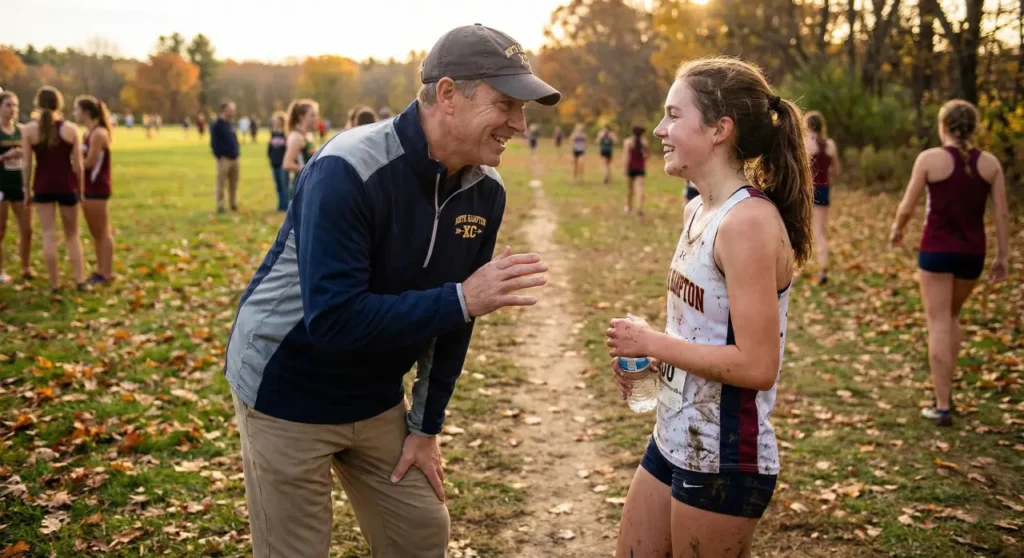 coach talking positively with thier young xc athlete after a race