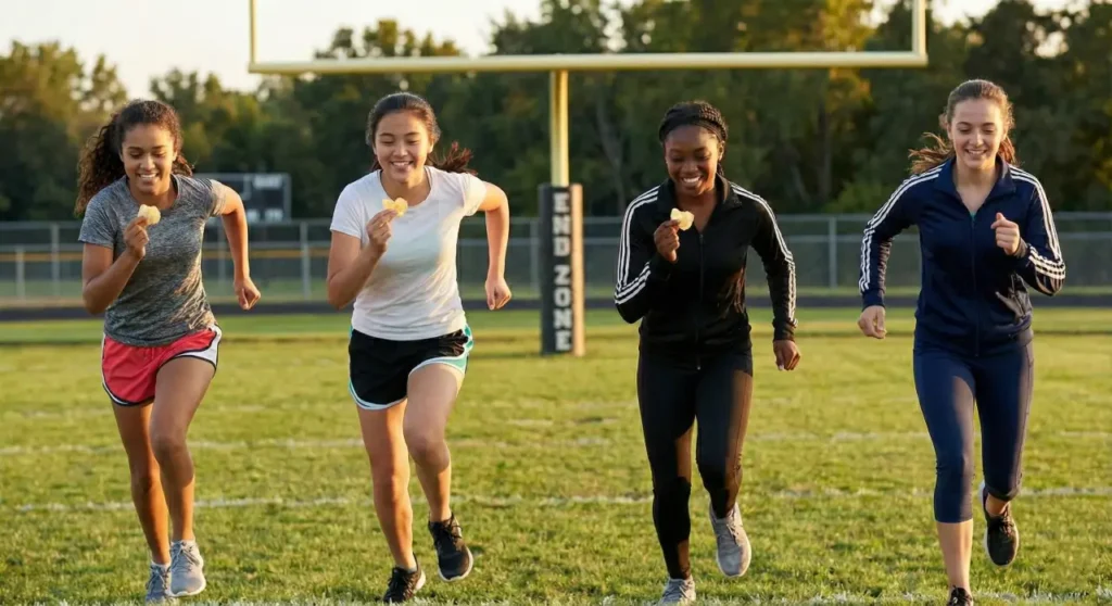 girls doing strides with potato chips between fingers