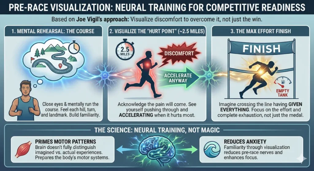 Infographic titled "Pre-Race Visualization: Neural Training for Competitive Readiness," based on Joe Vigil's approach of visualizing discomfort to overcome it. The graphic is divided into three sequential steps and a final science section.
Step 1, "Mental Rehearsal: The Course," shows a runner visualizing a winding course with hills and a clock, with text instructing to "Close eyes & mentally run the course. Feel each hill, turn, and landmark. Build familiarity."
Step 2, "Visualize the 'Hurt Point' (~2.5 Miles)," depicts a runner in pain with a "DISCOMFORT" cloud, but with a green arrow pointing to "ACCELERATE ANYWAY." The text reads: "Acknowledge the pain will come. See yourself pushing through and ACCELERATING when it hurts most."
Step 3, "The Max Effort Finish," shows a runner crossing a finish line with an "EMPTY TANK" gauge, with text: "Imagine crossing the line having GIVEN EVERYTHING. Focus on the effort and complete exhaustion, not just the medal."
At the bottom, "The Science: Neural Training, Not Magic," explains that visualization "PRIMES MOTOR PATTERNS" because the "Brain doesn't fully distinguish imagined vs. actual experiences," preparing the body's motor systems. It also "REDUCES ANXIETY" by creating "Familiarity through visualization" to reduce pre-race nerves and enhance focus.