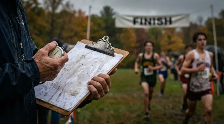 Cross country coach using a digital calculator to score a meet in the rain.