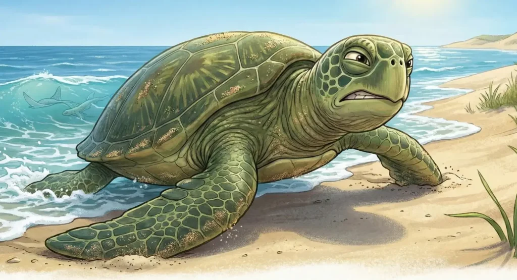 sea turtle emerging from water only to struggle on land