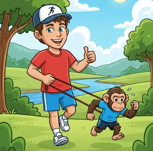 runner with chimp on leash