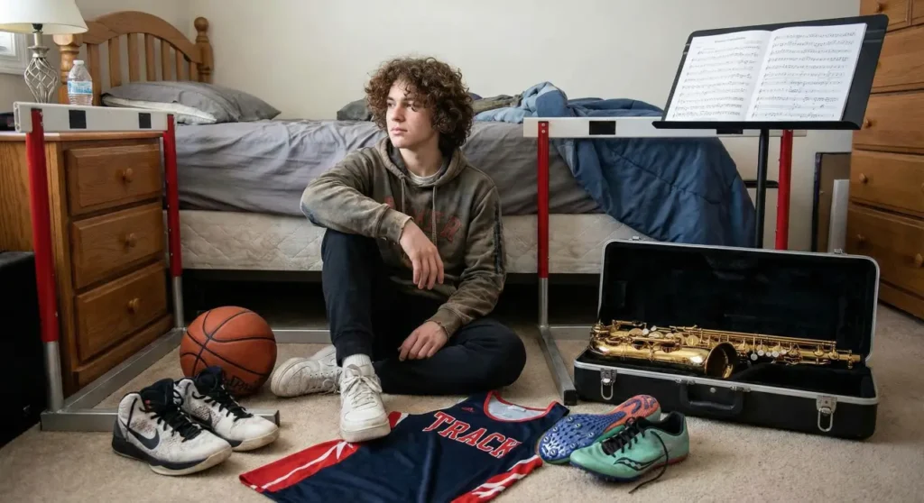 teeenager surround by sports gear and band stuff