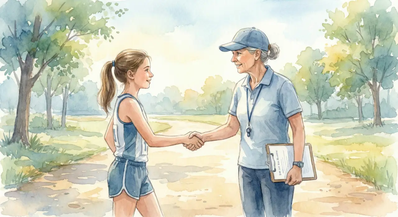 yupong middle school runner meets her high school xc coach for the first time