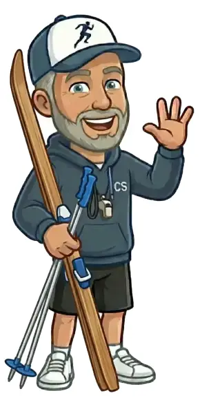 Cartoon coach holding Nordic skis representing multi-sport athlete transition to track