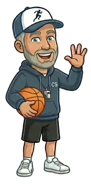 Cartoon coach holding a basketball representing multi-sport athlete transition to track