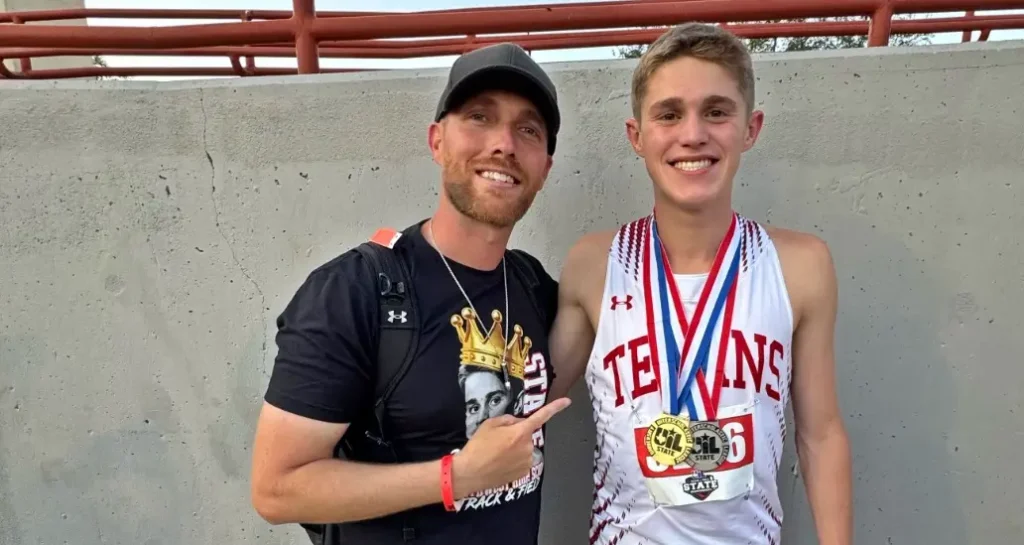 Coach Chris Capeau with Cooper Lutkenhaus 800m
