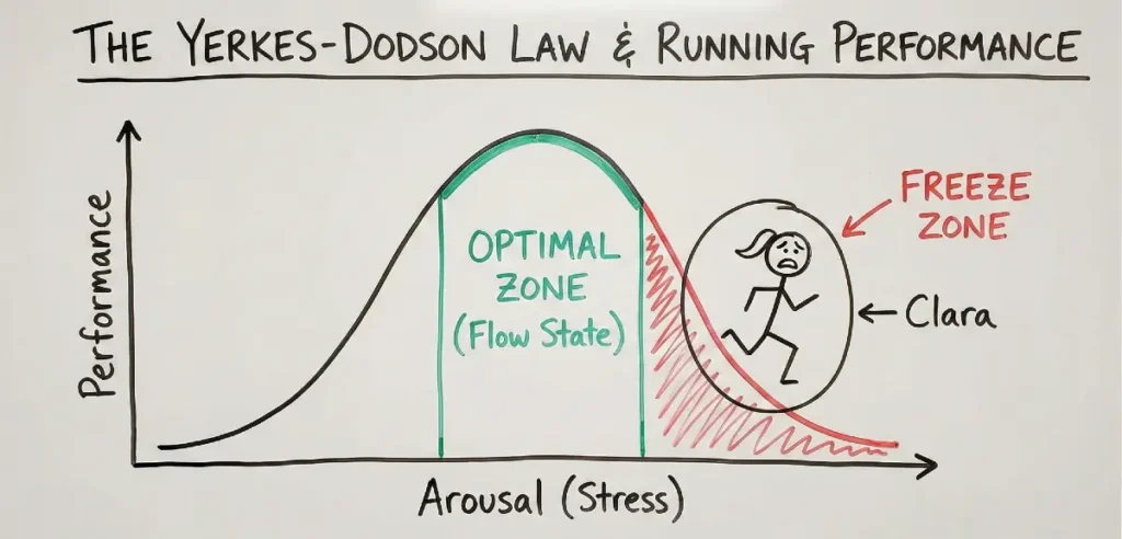 The Yerkes-Dodson Law illustrates how a certain amount of stress improves performance, but "Annabelle's" anxiety pushes her past the optimal point into the "freeze" zone.