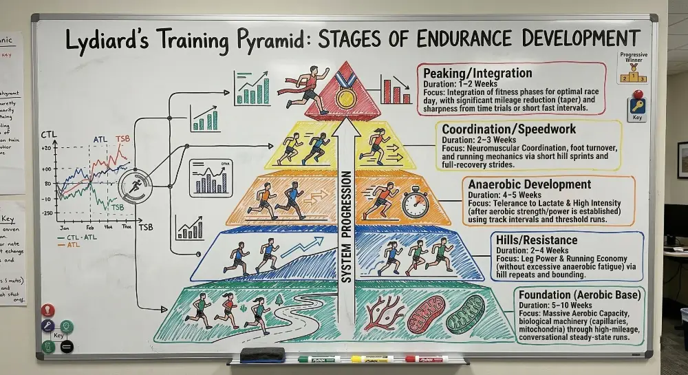 Lydiards Pyramid explaining basic distance running training methodology for high school coaches