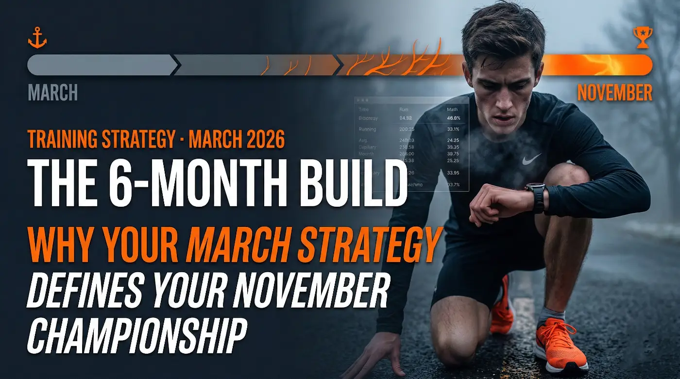 A high school distance runner checking a GPS watch on a foggy road, representing a 6-month cross country base building training plan from March to November.