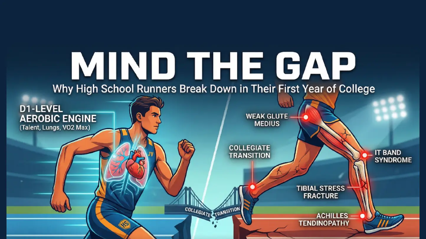 Mind the Gap infographic: a split illustration showing a male runner's developed "aerobic engine" with glowing lungs and heart on the left, and red warning indicators and cracks showing structural weakness in the "chassis" (shins, knees, glutes) on the right.