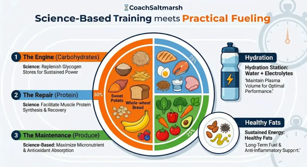 Infographic showing the ideal plate visual for a high school distance runner’s nutrition guide, detailing carbohydrate, protein, and produce ratios.