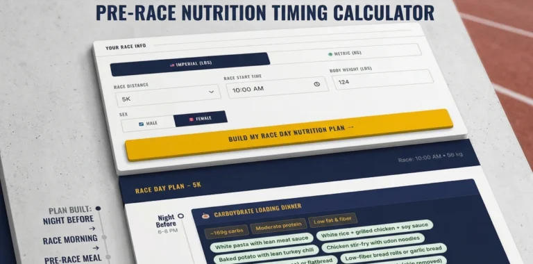 Screenshot of the Pre-Race Nutrition Timing Calculator interface showing personalized race day fueling windows for a distance runner.