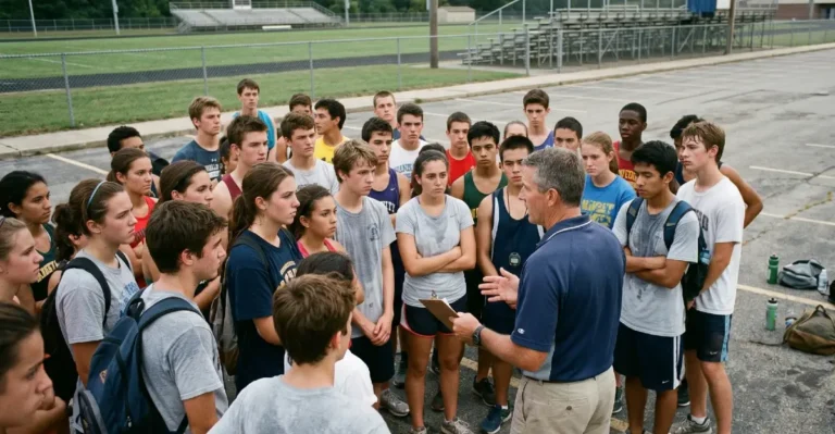 First-year high school cross country coach leading team practice — how to build a cross country team from scratch