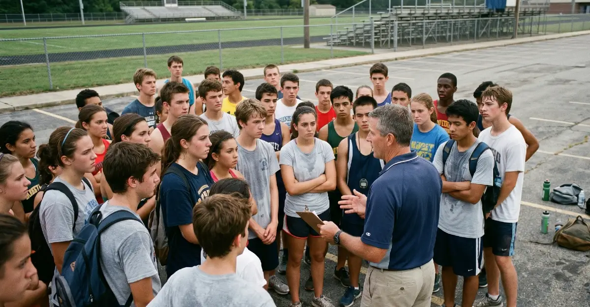 First-year high school cross country coach leading team practice — how to build a cross country team from scratch