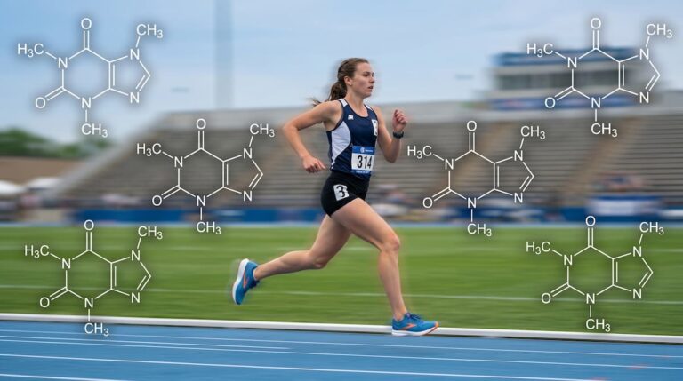 An endurance runner sprinting on a track with a geometric caffeine molecule graphic overlay.