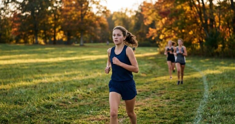 A determined high school freshman cross country runner with her hair in a ponytail competes mid-stride on a winding grass path during late afternoon golden hour.