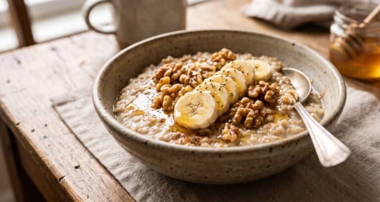 Pre-run breakfast oatmeal with walnuts, bananas, and honey from the 7-day meal plan for runners.
