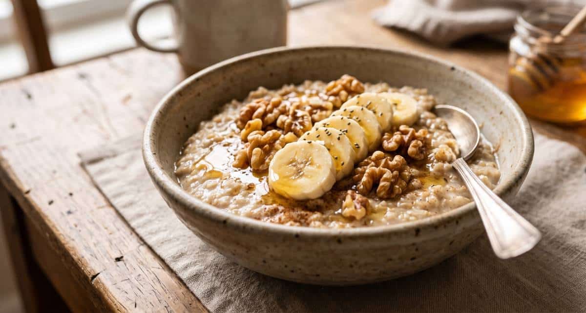 Pre-run breakfast oatmeal with walnuts, bananas, and honey from the 7-day meal plan for runners.