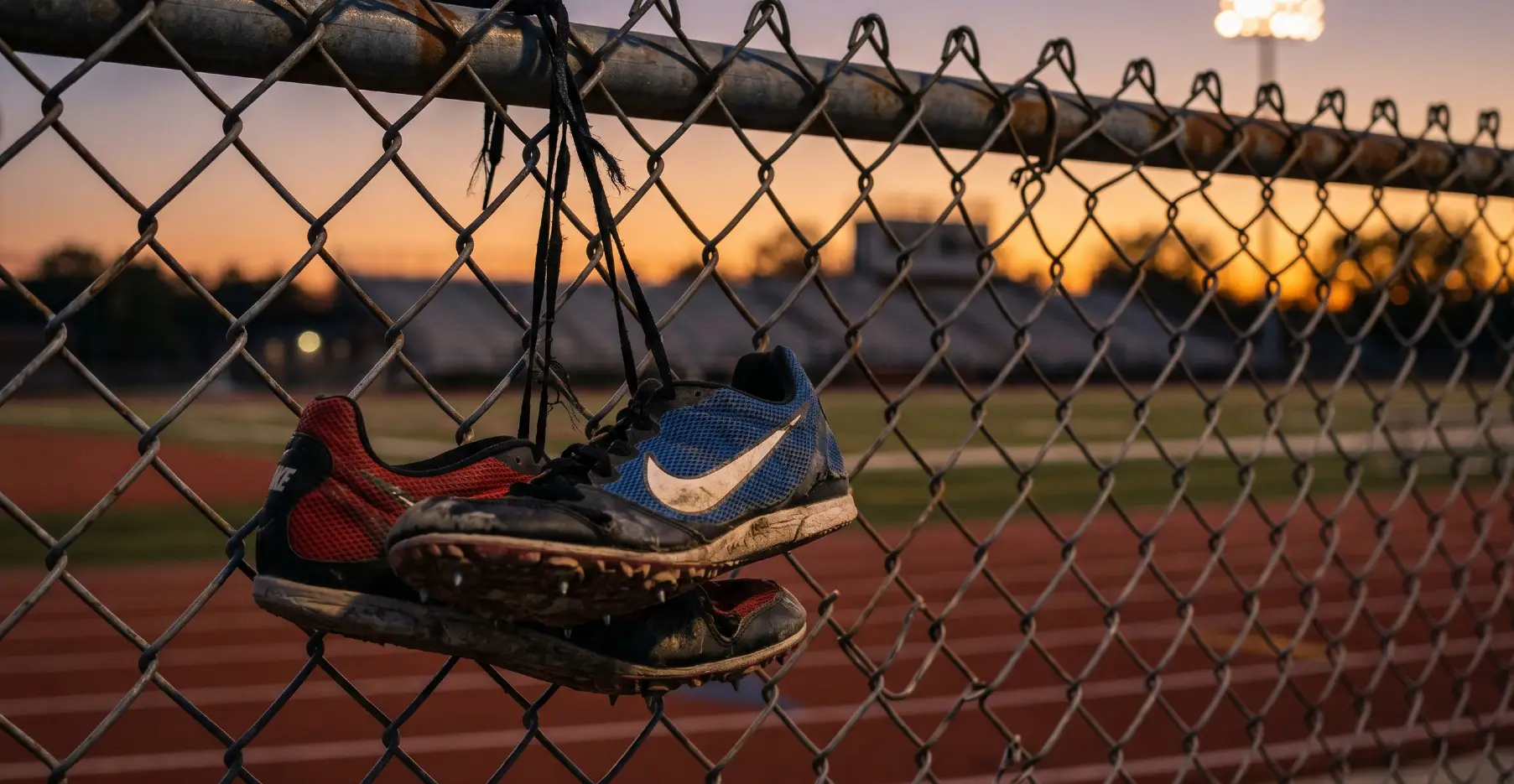 "A worn pair of track spikes hanging by their laces on a chain-link fence at dusk, symbolizing post-track season recovery and rest for high school distance runners."