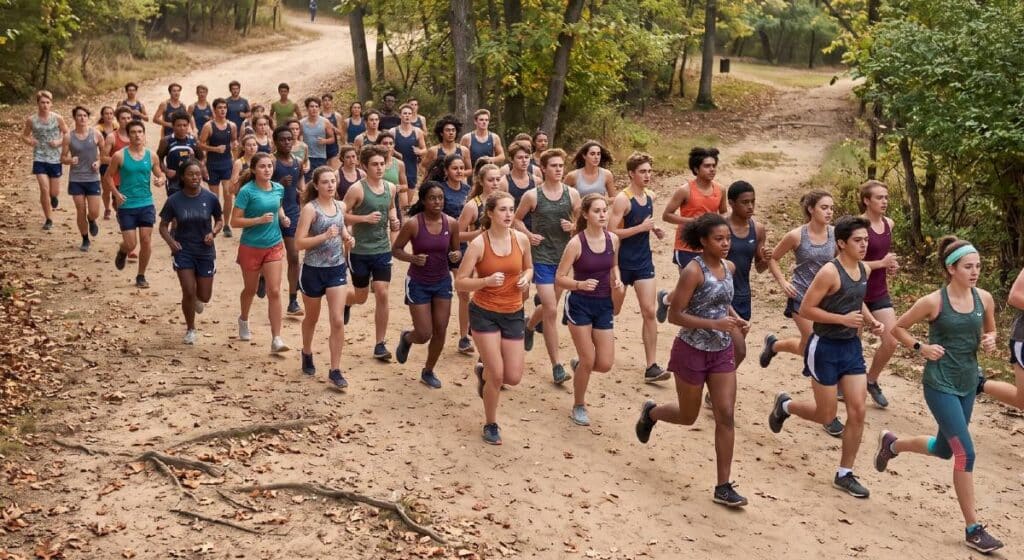 Japanese vs. American High School Distance Running High school cross country team running together on a trail