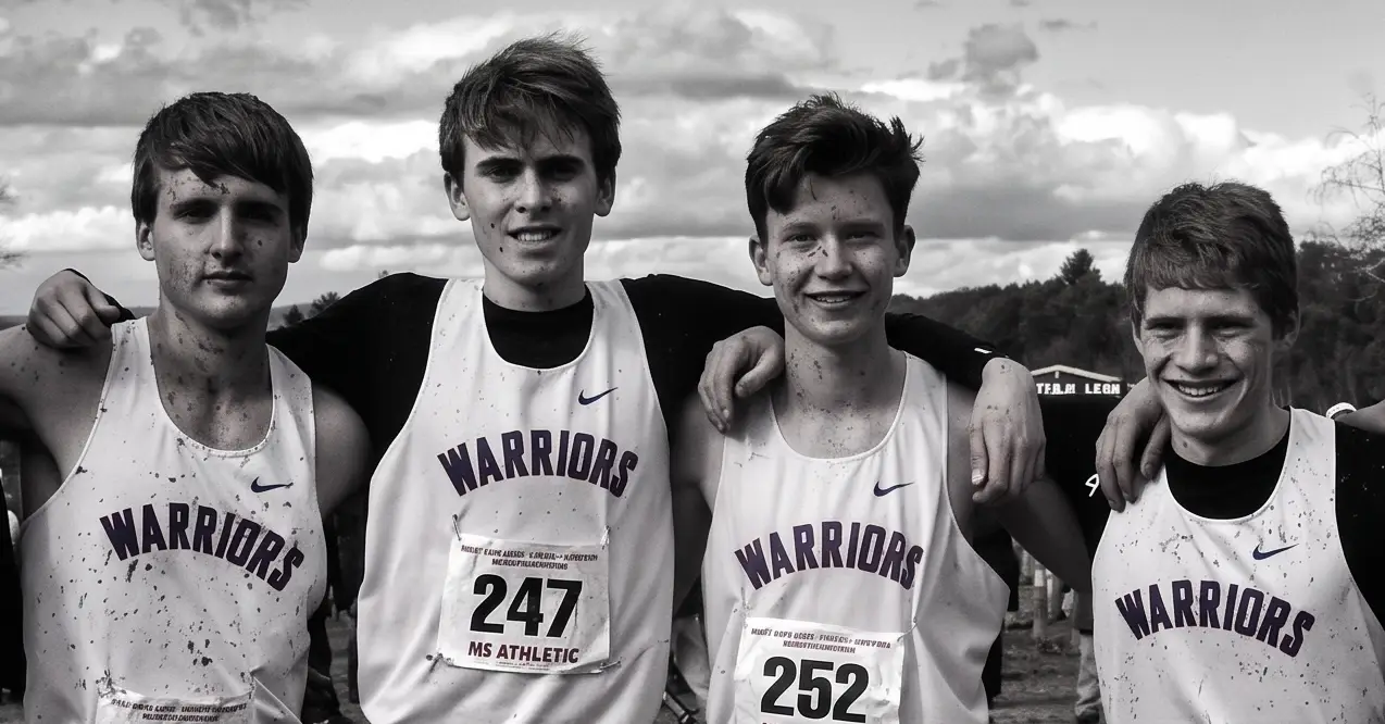 High school cross country runners racing through deep mud in cold, wet championship conditions