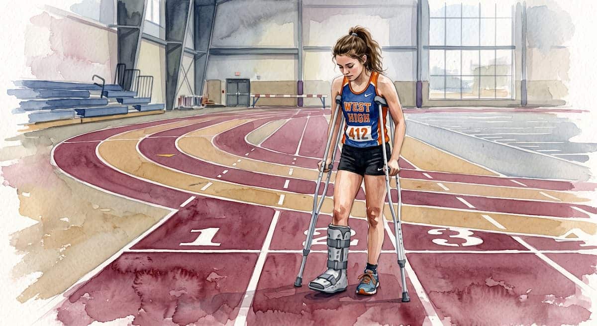 high school runner on crutches indoor track