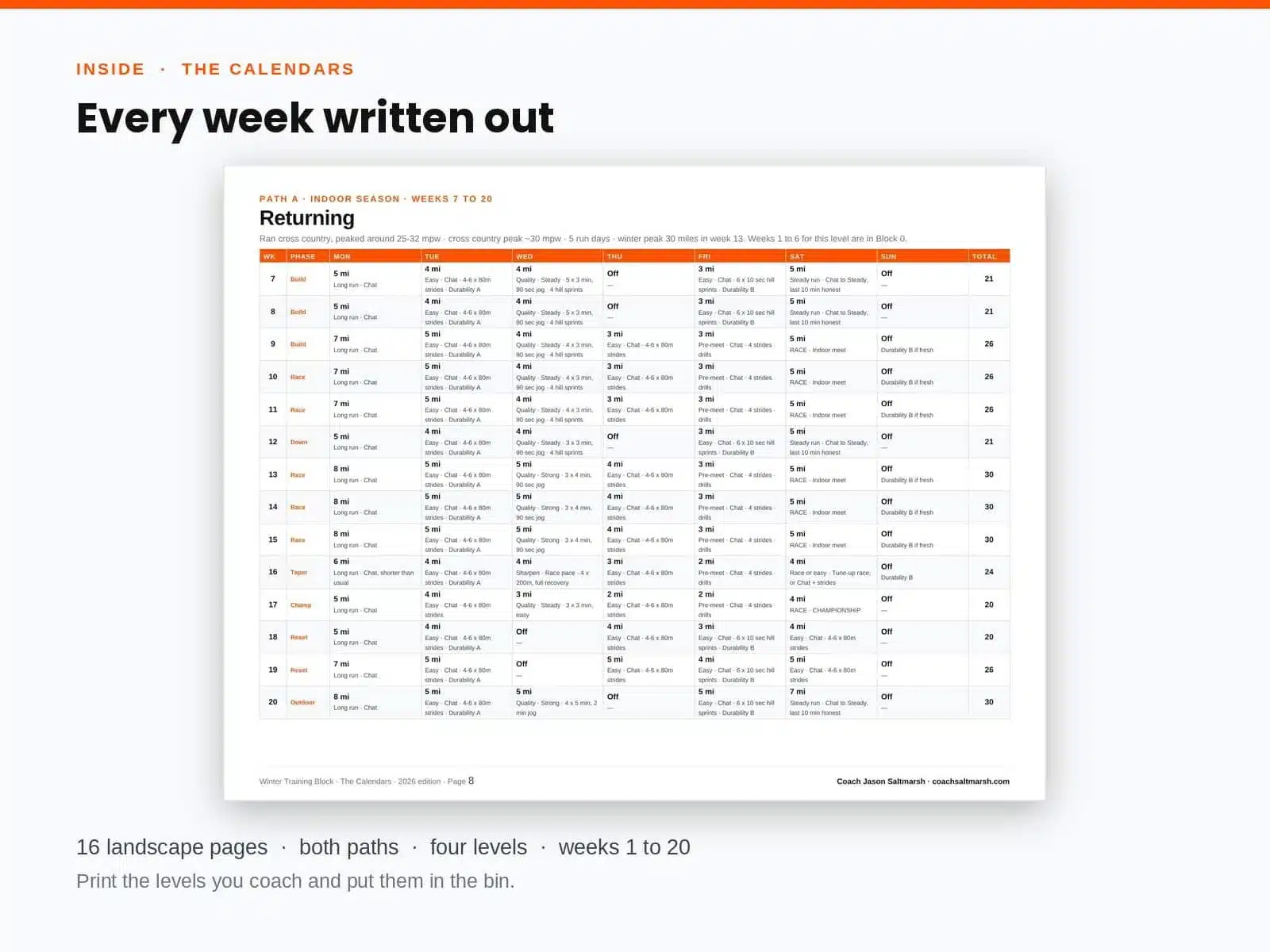 Winter training plan calendar page: the Returning level, every week from 7 to 20 written out day by day