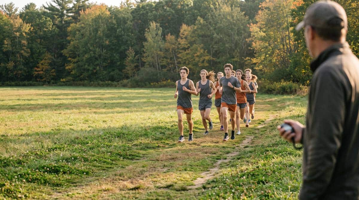 High school cross country runners doing threshold intervals