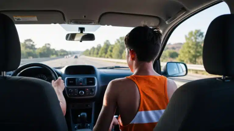 High school cross country runner in the passenger seat after a race, earbuds in, looking out the window
